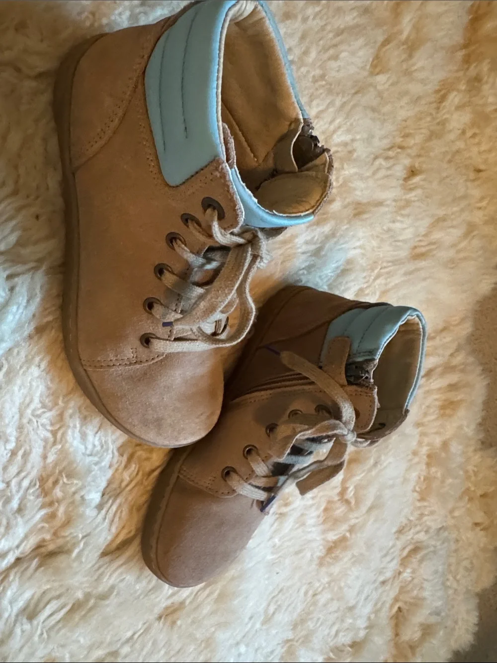 Birkenstock Kids Tan Suede High-Top Boots with Light Blue Trim